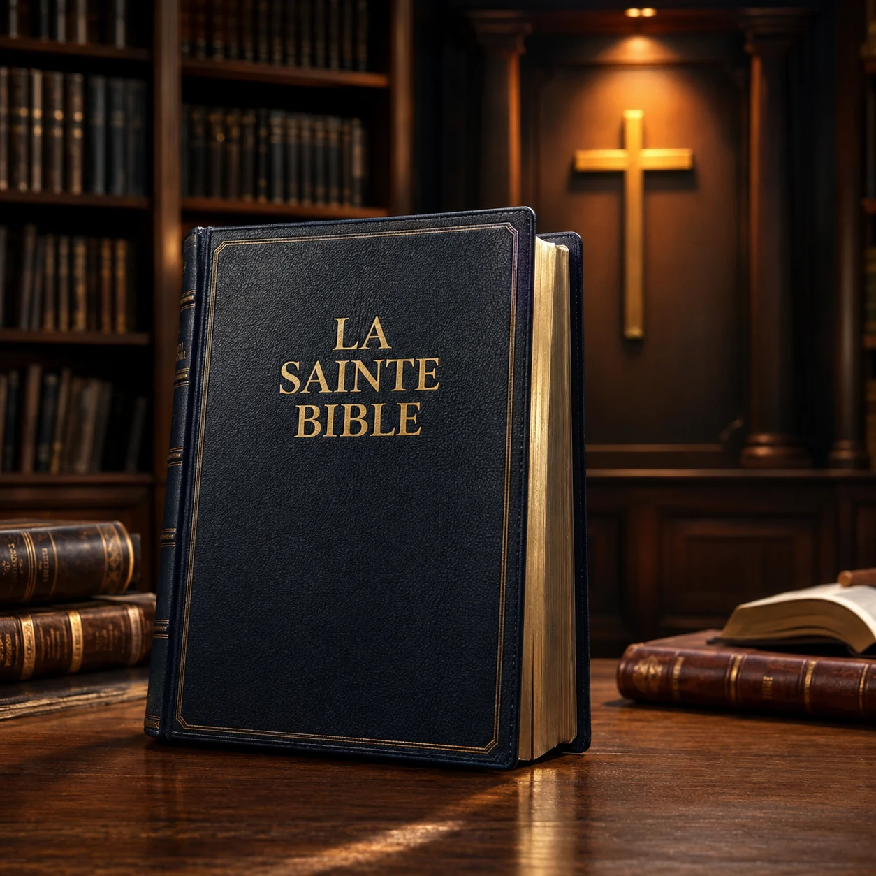 La Sainte Bible dans une bibliothèque théologique, symbole de la formation biblique à la FTBR