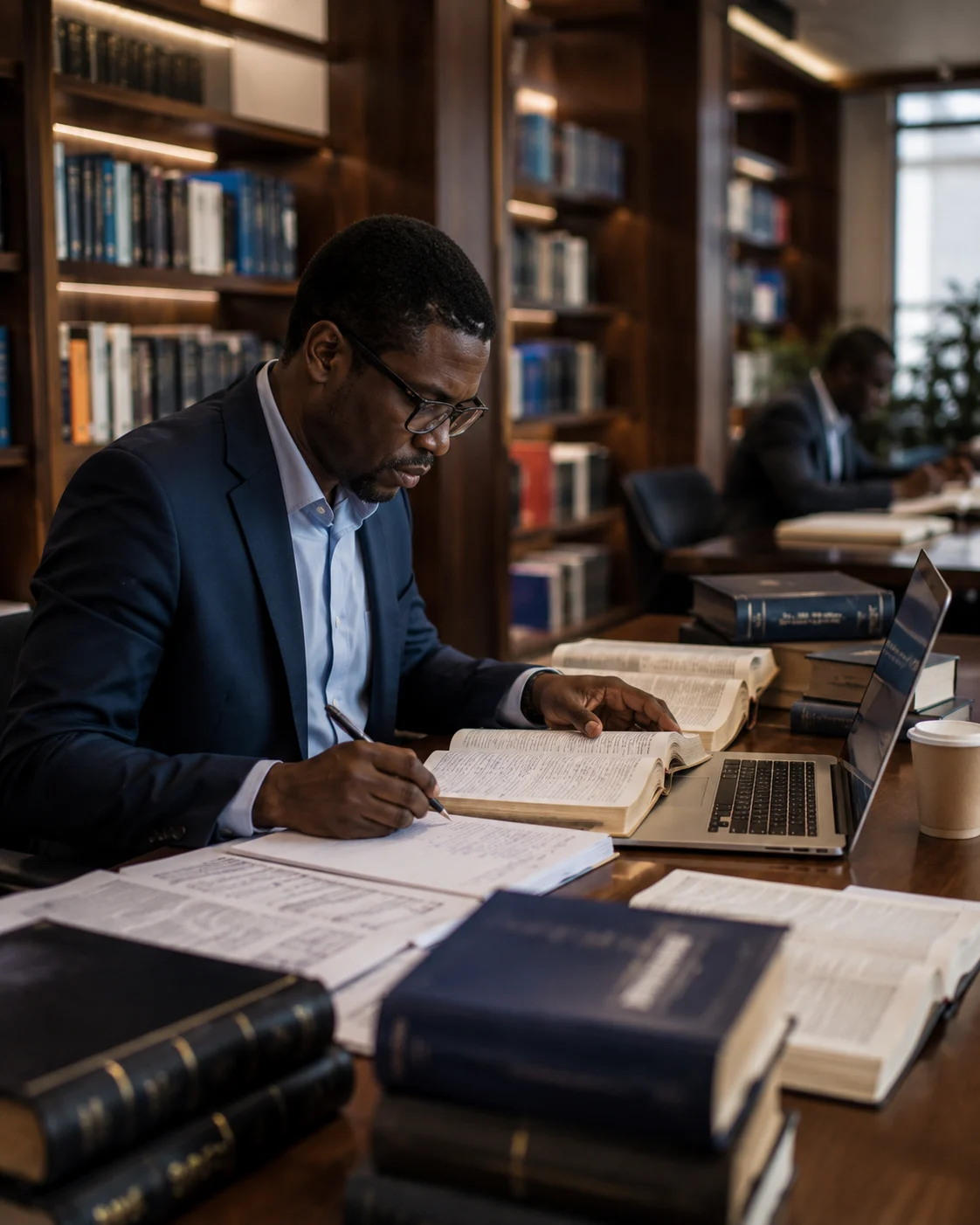 Chercheur africain menant une étude théologique approfondie en bibliothèque universitaire